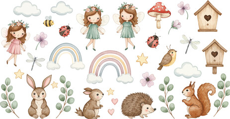 Fototapeta premium A collection of cute watercolor forest elements featuring little girls woodland animals rainbow birdhouses mushrooms clouds and floral greenery for nursery decor