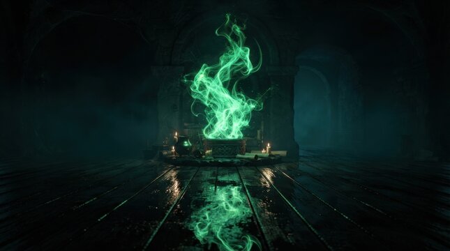 Mystical Green Flame Burning in Dark Room