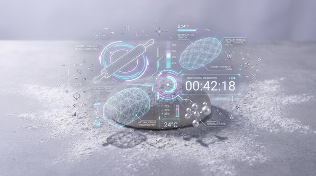 Futuristic baking data visualization with rolling pin and dough lattice telemetry on concrete countertop