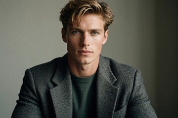 Obraz premium Young man with blond hair wears smart grey blazer and green sweater. He looks directly at camera with a serious gaze. His hairstyle is stylish and casual.