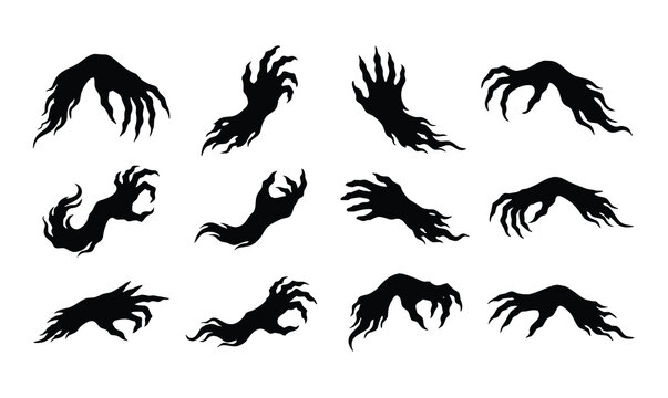 Spooky ghost hands and monster claws silhouettes set for Halloween vector illustration