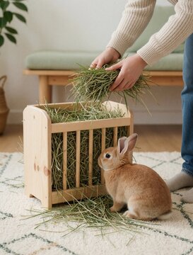 Hands fill wooden feeder with fresh hay for cute brown rabbit. Person cares for pet bunny in cozy domestic room. Animal eats healthy food indoors with soft light.