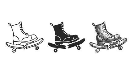 Punk boot stepping on and breaking a skateboard in three styles: line art, silhouette, and sketch © Ірина Гринюк