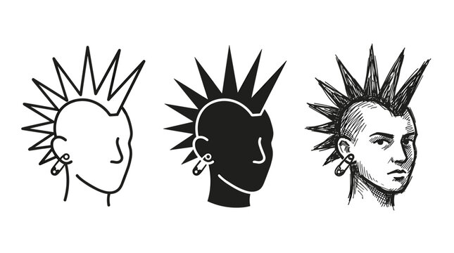 Punk rocker portrait with mohawk and piercing in three styles: line art, silhouette, and sketch