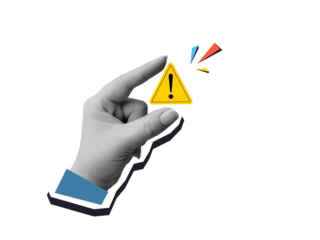 A hand holding a warning sign - yellow triangle with an exclamation mark. Modern collage style. Illustration on a transparent background © tiena