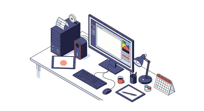 Isometric workspace design featuring a desktop computer, keyboard, mouse, digital tablet, lamp, calendar, and office supplies.