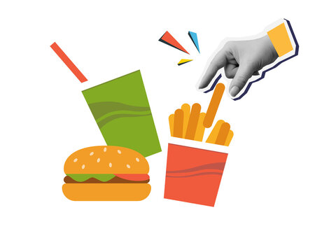 A hand picks up a french fry from a fast-food combo meal consisting of fries, soda, and a hamburger. Modern collage style. Illustration on a transparent background