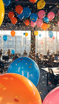 Office party celebration with colorful balloons and confetti in a modern workplace