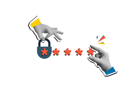 One hand holding a padlock and other hand puts stars - signs of a password. Cyber security and privacy concept. Modern photo collage style. Illustration on a transparent background