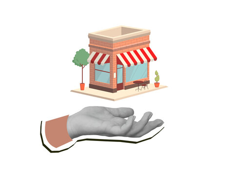 Black and white hand holds a small building - local cafe or shop. Modern collage style. Illustration on a transparent background