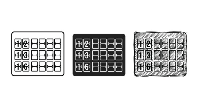 Split-flap number display board icon collection with three styles