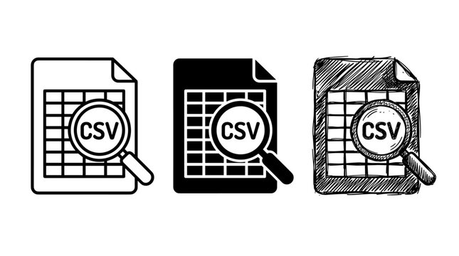 CSV data file and magnifying glass icon set for document search