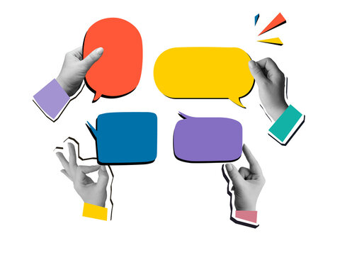 Black and white hands holding a speech bubbles. Communication concept. Modern photo collage style. Illustration on a transparent background