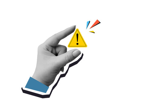 A hand holding a warning sign - yellow triangle with an exclamation mark. Modern collage style. Illustration on a transparent background