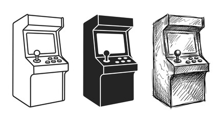Three classic arcade cabinet icons in line art, silhouette, and sketch styles, with joystick and buttons. © Ірина Гринюк