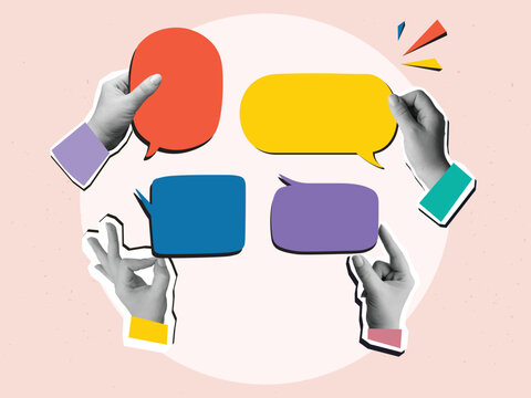 Black and white hands holding a speech bubbles. Communication concept. Modern photo collage style. Vector illustration