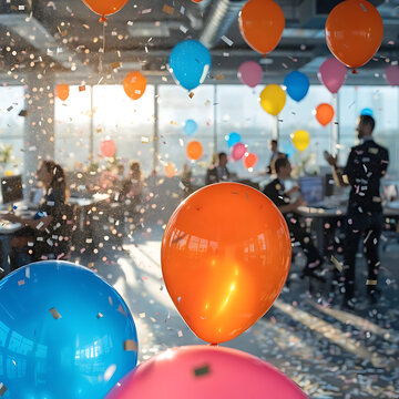 Office party celebration with colorful balloons and confetti in a modern workplace