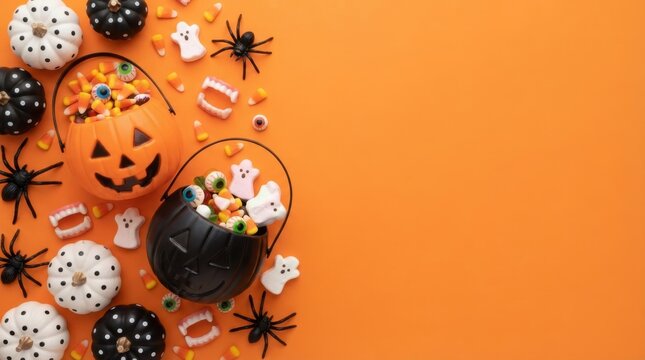 Halloween Candy Buckets with Spiders on Orange