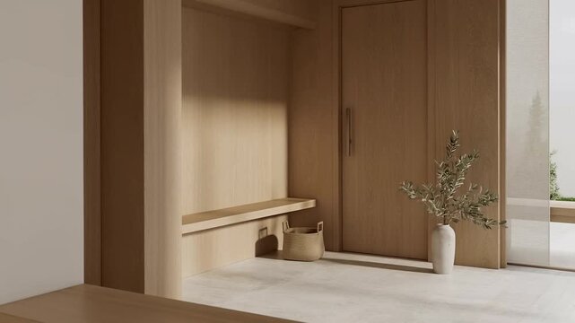 Modern minimalist entryway interior with wooden wall panels bench and decorative vase