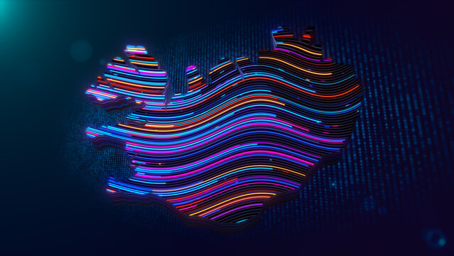 Abstract 3D extruded Iceland map formed by glowing neon contour lines over a futuristic particle grid with depth of field, colorful lighting, and modern digital texture.