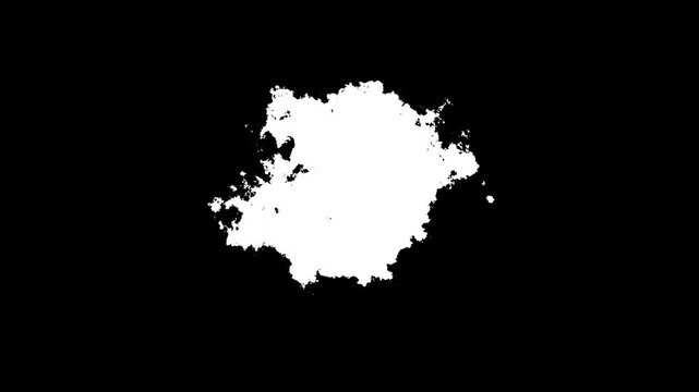 organic white paint splatter luma matte element for transparent overlay and artistic video transitions. abstract white ink blot on black background for creative motion graphics and video effects.