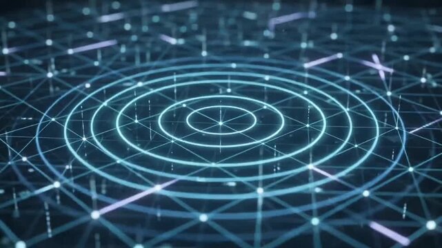 Abstract digital network with glowing blue concentric circles and interconnected lines on a dark background.