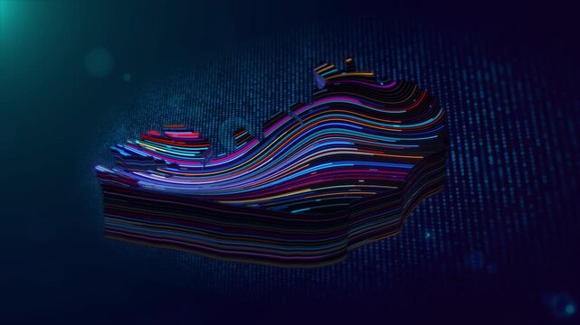 High-tech motion background featuring a glowing 3D Iceland map reveal with flowing neon contour lines, digital particle grid, cinematic lighting, and animated Iceland title text.