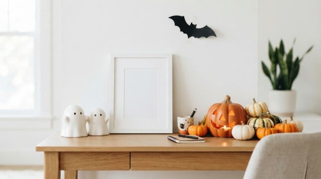 Blank Picture Frame Mockup with Halloween Decor