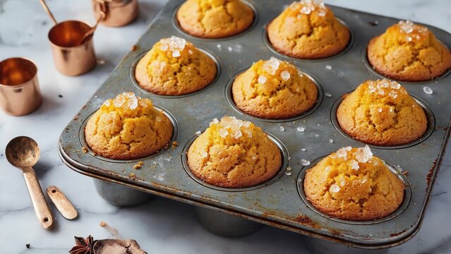 Pumpkin muffins cooling in baking tray