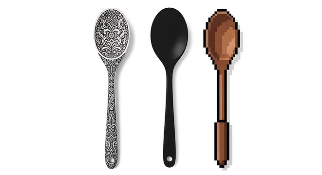Three spoons ornate metal, plain black, and pixelated wood, all against a white background