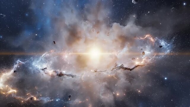 Brilliant Nebula Eruption in Deep Space - A dazzling burst of light emanates from a chaotic collection of cosmic matter, set against a vast, deep blue abyss filled with stars.