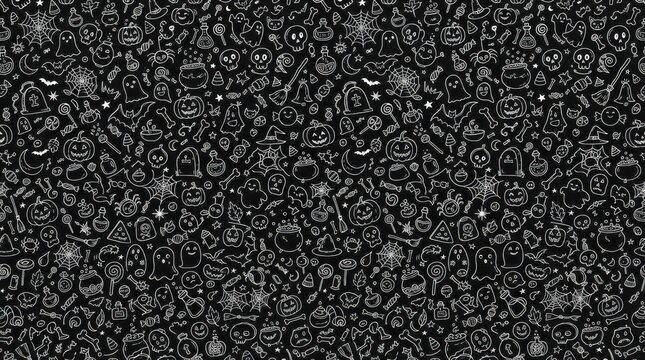 Seamless Halloween Doodle Pattern on Black Background