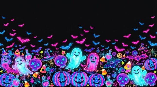 Colorful Neon Halloween Ghosts and Pumpkins Pattern