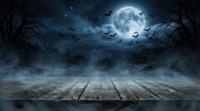 Dark Spooky Halloween Night Background with Full Moon