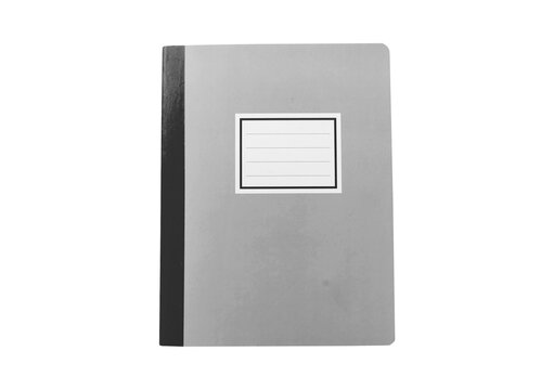 Blank gray composition notebook mockup with black spine stripe.