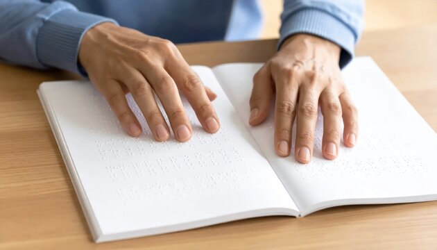 Close-up of hands reading a braille book, symbolizing education, literacy, and inclusivity for the visually impaired.