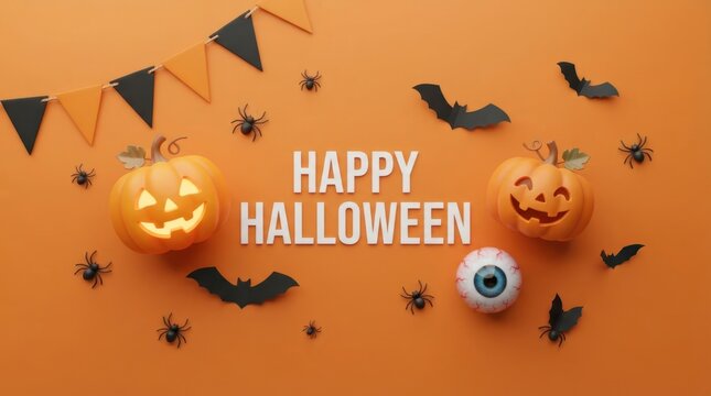 Orange Happy Halloween Flat Lay with Pumpkins and Bats