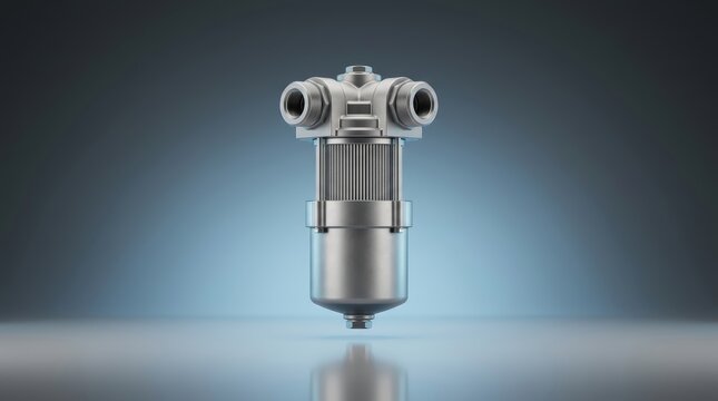 Pressure filter 3D render, high pressure hydraulic filtration, industrial oil cleaning unit, fluid power line protector