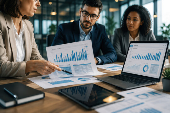 Faceless business team in a glass conference room reviewing financial dashboards, sharing printed reports and discussing performance trends while agreeing on strategy using