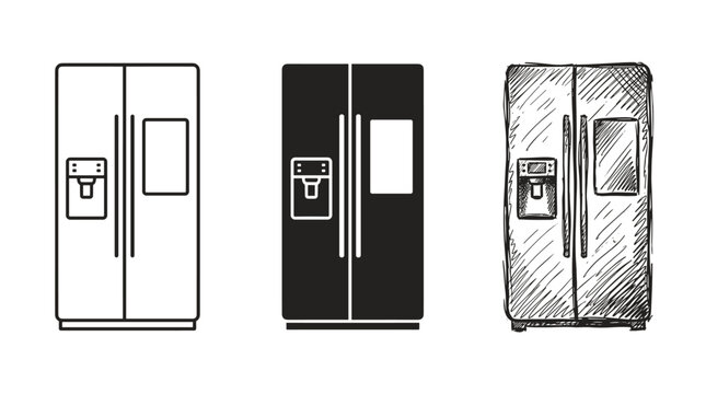 Three Side-by-Side Refrigerators with Water Dispenser and Screen in Outline, Solid, and Sketchy Styles