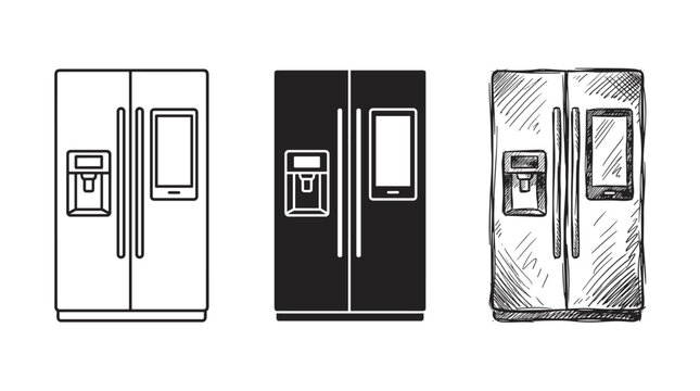 Three Side-by-Side Refrigerators with Water Dispenser and Tablet Screen in Outline, Solid, and Sketchy Styles