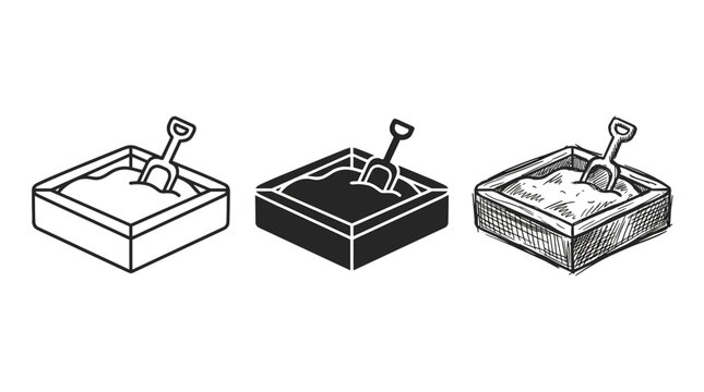 Three distinct icon styles of a sandbox with a shovel, featuring a clear outline, a solid black silhouette, and a textured hand-drawn sketch version.