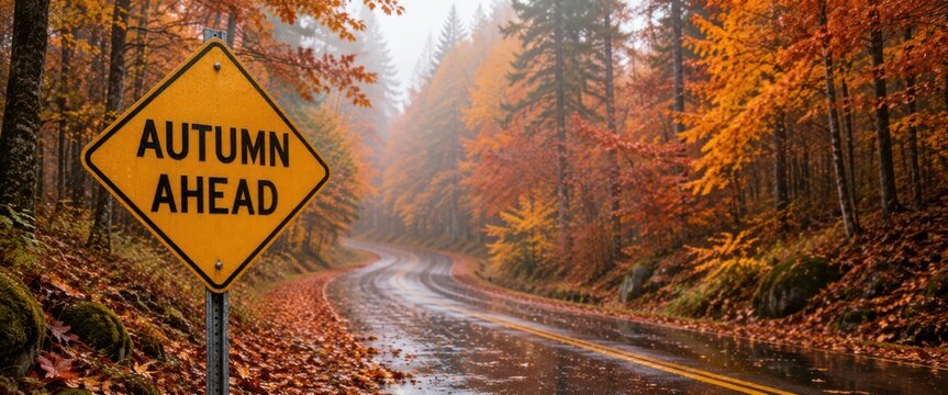 Yellow road warning sign reading "Autumn Ahead" beside a winding forest road surrounded by colorful fall foliage. Autumn landscape, background, banner