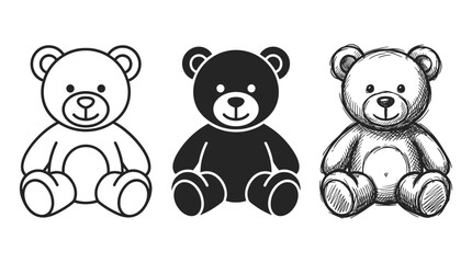 Fototapeta premium Three teddy bear icons in outline, solid black, and hand-drawn sketch styles
