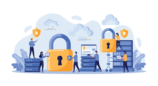 Professional team of database administrators securing computer servers and storage systems with large yellow padlocks.