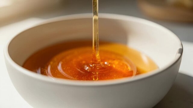 Close up of golden honey flowing into a white bowl with natural light and smooth texture