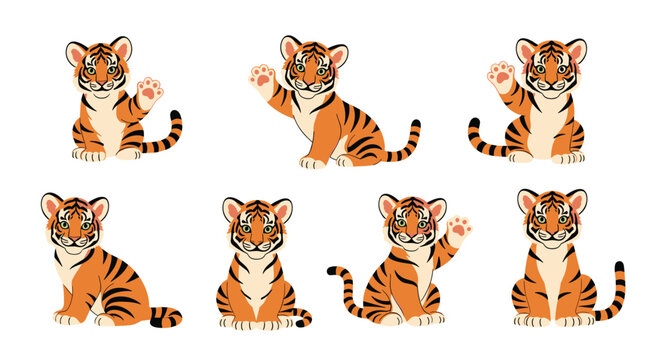 Cute baby tiger cub illustration set showing adorable cubs sitting, waving, and looking forward in various playful poses.