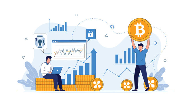Professional crypto traders analyzing market growth charts and celebrating success with a giant golden Bitcoin coin.
