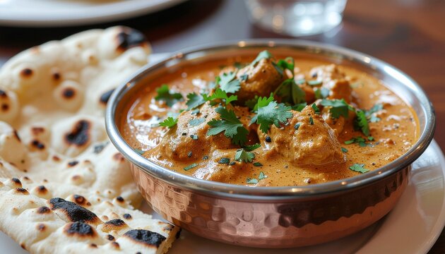 Delicious Indian chicken tikka masala curry served with fresh naan bread in a traditional copper bowl