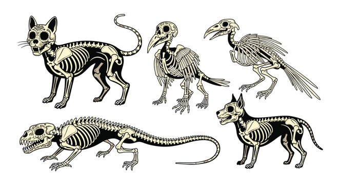Day of the Dead style stylized animal skeleton illustrations of a cat, dog, two birds, and a lizard with traditional details.